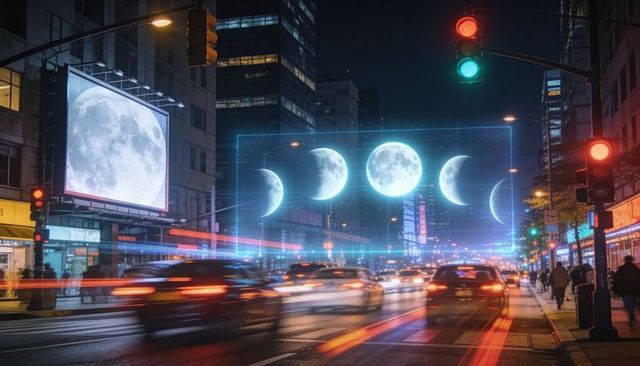 Holographic moon phase billboard lighting downtown night street with neon motion trails