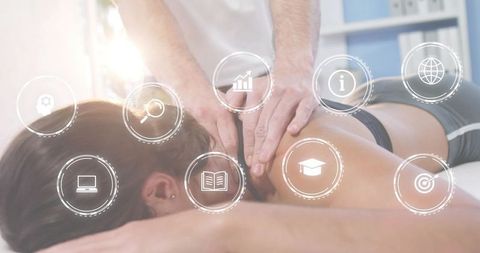 Hands-on sports massage for neck and upper back relief with digital wellness icons overlay