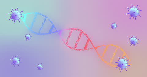 Colorful DNA Illustration with Floating Virus Cells