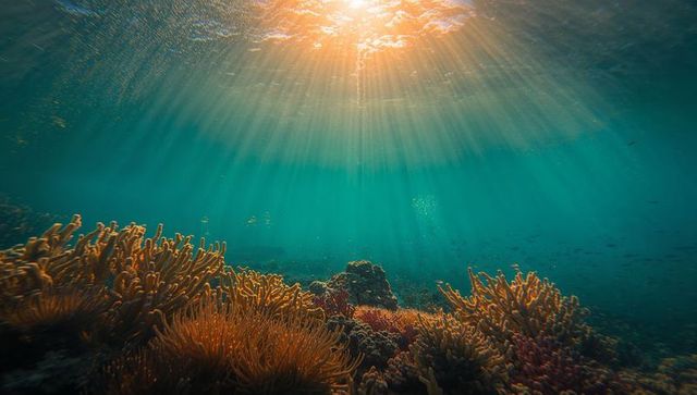 Sunlit Underwater Scene with Coral Reef and Schooling Fish