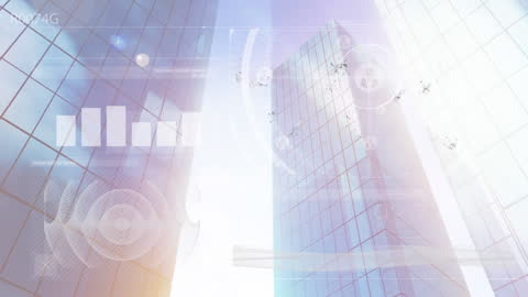 Digital Interface Overlay with Skyscrapers and Holographic Elements