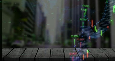 Financial data visualization over urban backdrop