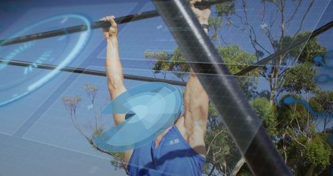 Pulling on pull-up bar with augmented reality hud displaying fitness metrics outdoors