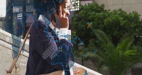 Businesswoman in Digital World with Virtual Map Overlay