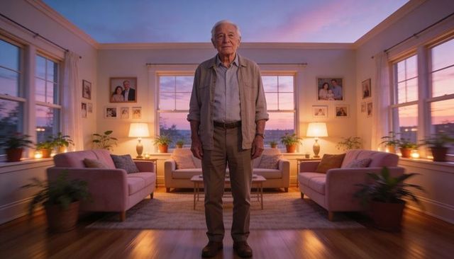 Senior man standing in warm living room at sunset with candles and family portraits