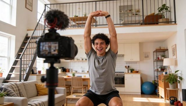 Smiling male creator stretching and recording workout in bright loft apartment