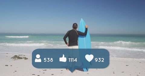 Man Surfing on Beach with Social Media Overlay