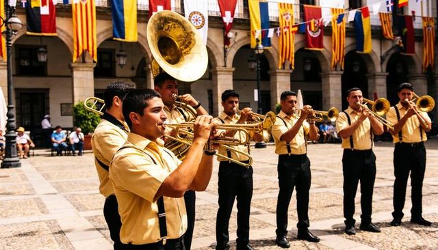 Brass band playing in historic plaza with colorful flags and spectators