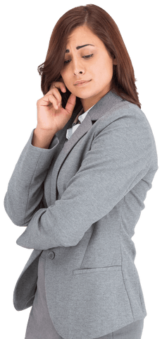 Businesswoman Thinking on Transparent Background in Formal Attire
