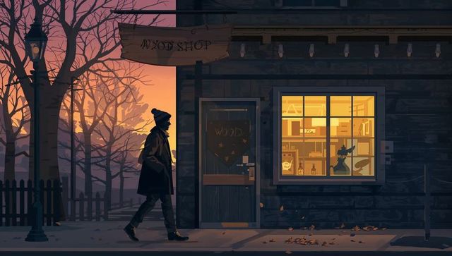 Man walking past wood shop at twilight with warm window glow, autumn leaves and silhouette