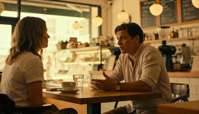 Couple having intimate cafe conversation over coffee, cozy neighborhood espresso chat