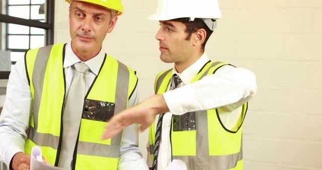 Two Caucasian men in construction safety gear are discussing plans, with copy space. The middle-aged professionals appear to be engineers or architects engaged in a project review.