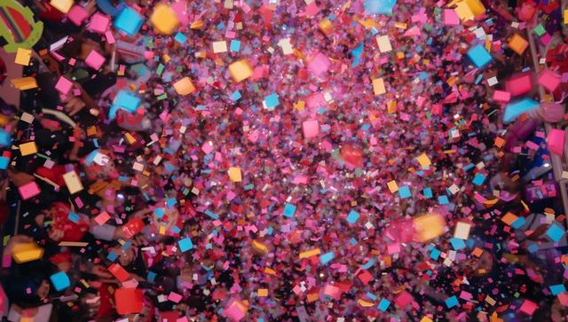 Square confetti shower bursting over concert crowd with neon lights and smartphone glow