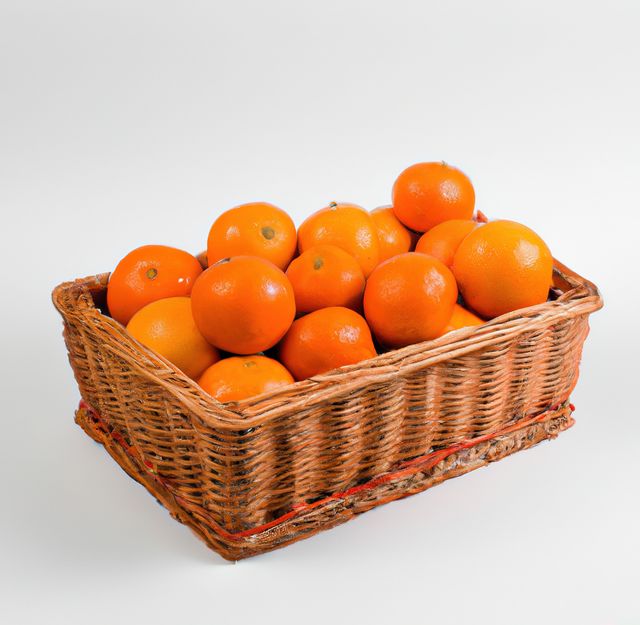 Wicker basket filled with vibrant oranges arranged neatly. Perfect for illustrating concepts of healthy eating, organic produce, or fresh market goods. Suitable for nutrition blogs, grocery advertisements, kitchen decor, and wellness articles.