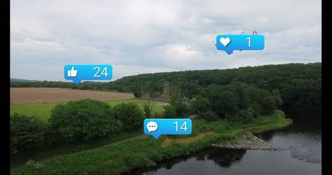 Digital icons overlaying calm rural riverside with stone ruins