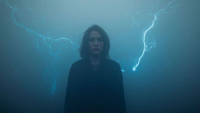 Standing adult woman in fog with electric blue lightning arcs, moody futuristic portrait