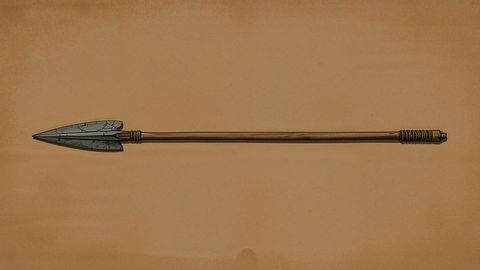 Antique wooden spear with metal tip on rustic parchment background