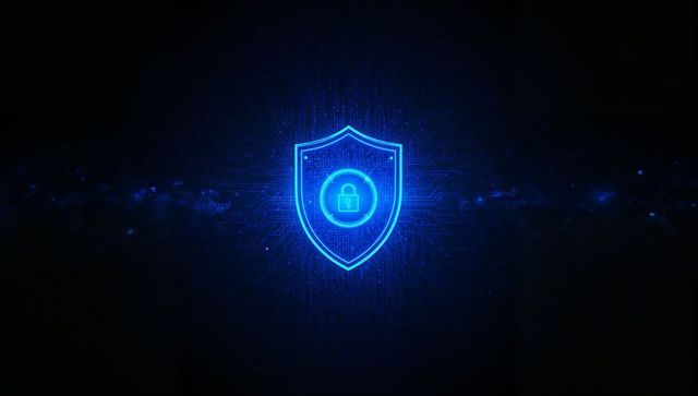 Glowing neon shield with padlock icon in network space