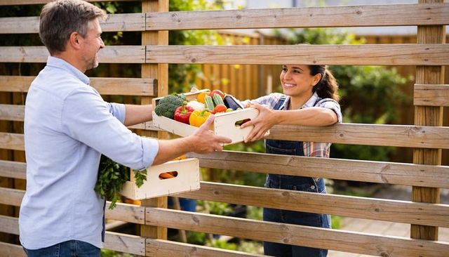 Neighbors exchanging crates of fresh vegetables through wooden backyard fence