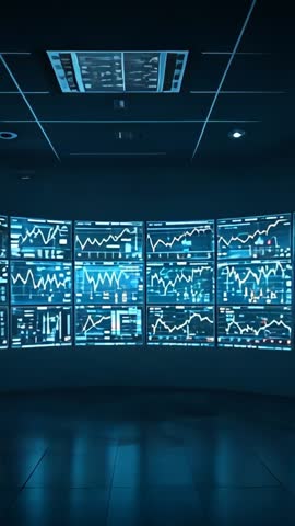 Vertical video panning across monitor array displaying real-time analytics dashboards
