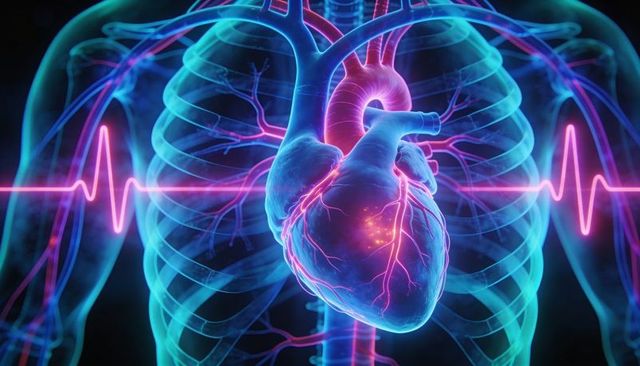 Neon glowing heart inside translucent ribcage with coronary vessels and ecg waveform