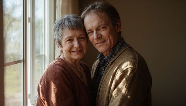 Senior couple embracing by sunlit window showing gentle affection and cozy warmth