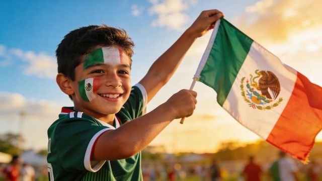 Smiling boy waving mexican flag at sunset wearing face paint and green soccer jersey