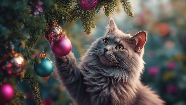 Curious Fluffy Grey Cat Playing with Christmas Baubles