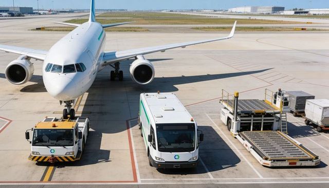 Narrow-body jet receiving ground services on busy airport apron with tug and catering bus