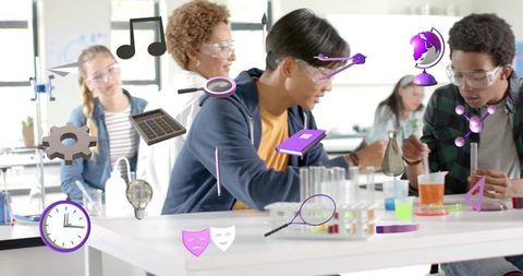 High school students conducting chemistry lab with augmented reality stem icons and safety gear