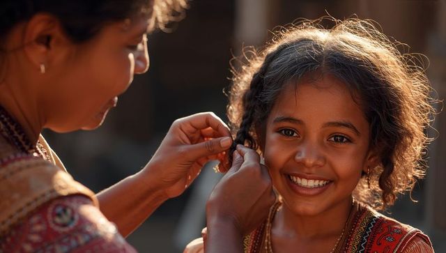 Mother Braiding Daughter's Hair in Sunlit Courtyard Smiling Setting