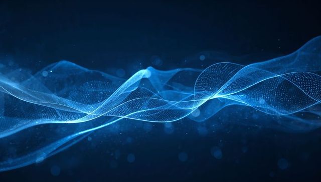 Luminous blue data waveforms flowing across digital space with dotted mesh and bokeh