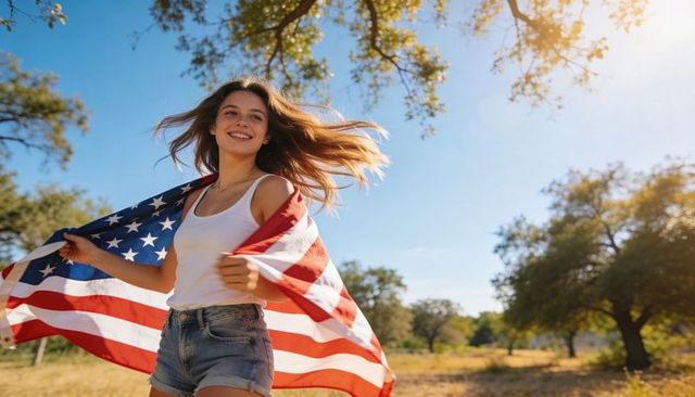 Young woman wrapping american flag around shoulders in sunlit meadow, celebrating freedom