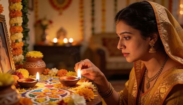 Indian woman in gold saree lighting diya at pooja with rangoli for diwali celebration