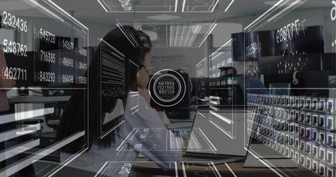 Professional Woman Utilizing Technology in Futuristic Office Environment