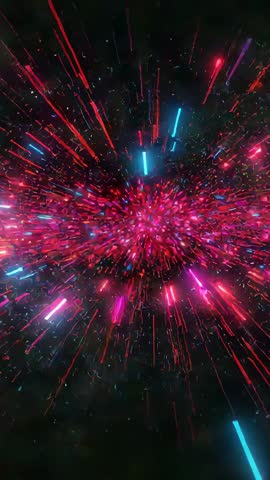 Igniting Neon Cluster Emitting Radial Streaks Pulsing Light in Dark Void — Vertical Video