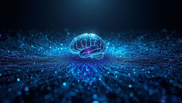 Floating holographic brain glowing over neon particle network representing ai neural data