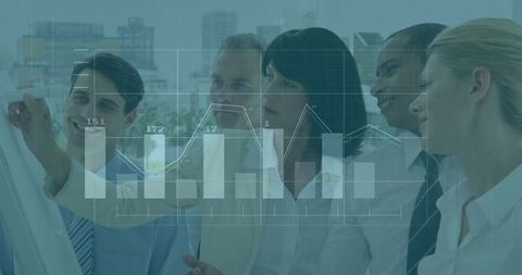 Diverse Team Analyzing Business Data with Chart Overlay in Modern Office