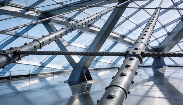 Framing bolted tension rods and braided cables across modern glass atrium skylight