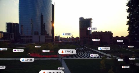 Cityscape with Social Media Notifications Over Urban Park