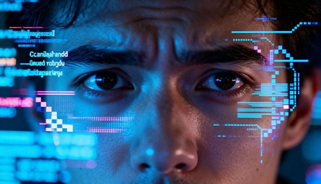 Developer staring at holographic ui scanning pixelated data overlays closeup