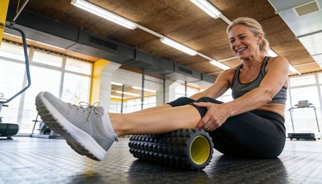 Active senior woman using foam roller for calf massage and mobility in modern gym studio