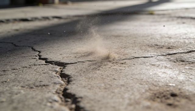 Cracked concrete sidewalk revealing jagged fissure with dust plume and texture in sunlight