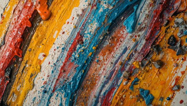 Impasto paint layers creating vibrant diagonal texture with palette knife and flakes