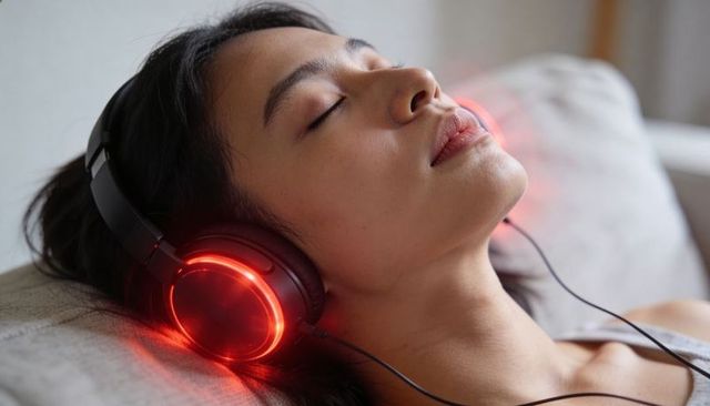 Relaxed asian woman reclining wearing glowing red led headphones listening and unwinding