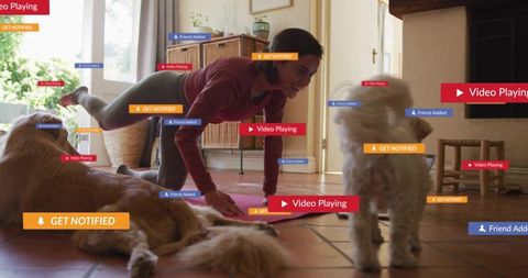 Woman stretching with dogs for home yoga session using fitness app overlays notifications
