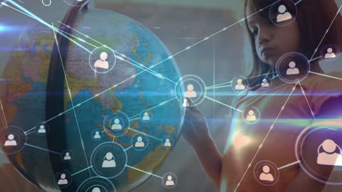 Schoolgirl Engaging with Digital Network Overlay on Globe