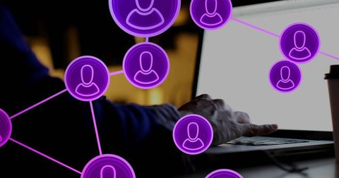 Typing on laptop with purple social network overlay representing remote collaboration