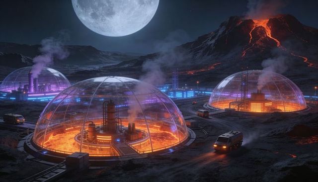 Moonlit geodesic domes harvesting lava for futuristic volcanic geothermal colony