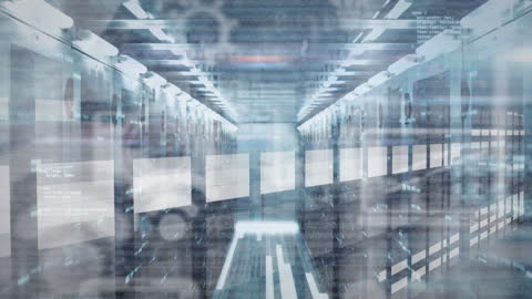 Futuristic Virtual Server Room with Digital Data Flow